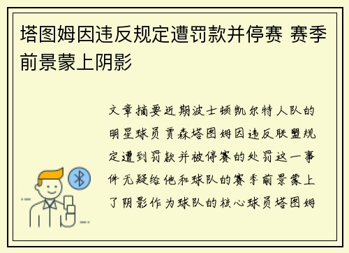 塔图姆因违反规定遭罚款并停赛 赛季前景蒙上阴影
