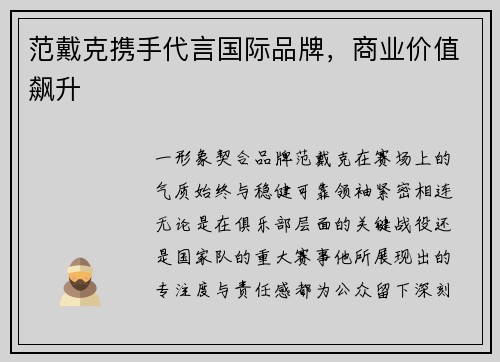 范戴克携手代言国际品牌，商业价值飙升
