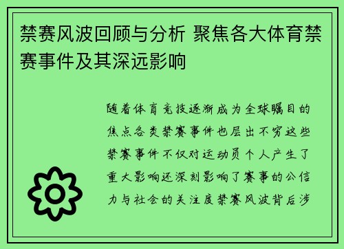 禁赛风波回顾与分析 聚焦各大体育禁赛事件及其深远影响