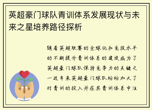英超豪门球队青训体系发展现状与未来之星培养路径探析